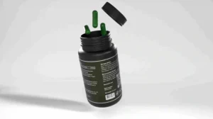 A supplement bottle and nutrient capsules, 3D modeled for health product visuals.
